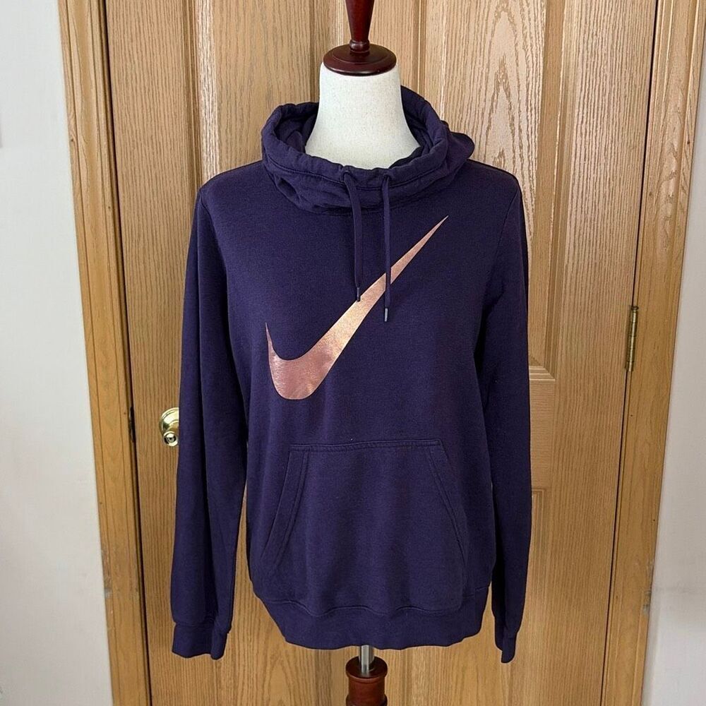 Nike Purple Fleece Cowl Neck Hoodie Large Copper Swoosh Pullover Sweatshirt - Picture 2 of 7